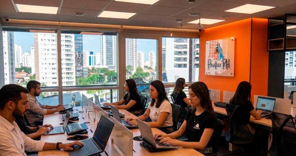 alt="Equipe Proativa RH em reunião de trabalho no escritório, Complexo Parque da Cidade, São Paulo"
