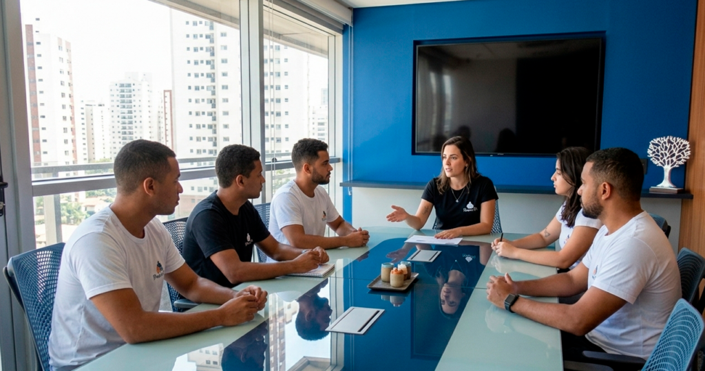 alt="Profissionais da Proativa RH em reunião na sala de conferências, Complexo Parque da Cidade, São Paulo"
