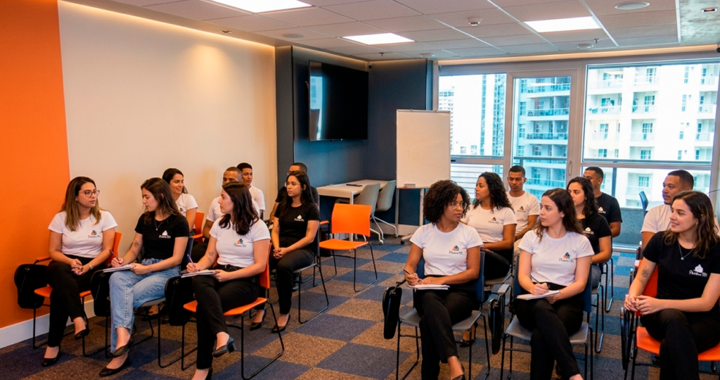 alt="Colaboradores da Proativa RH em reunião de equipe com uso de notebook, escritório em São Paulo"